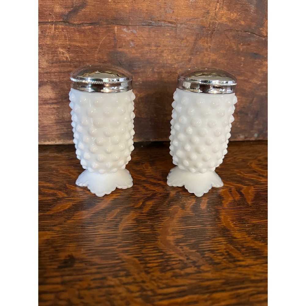 Vintage Fenton Milk Glass Hobnail Salt and Pepper Shakers Set Chrome Lids